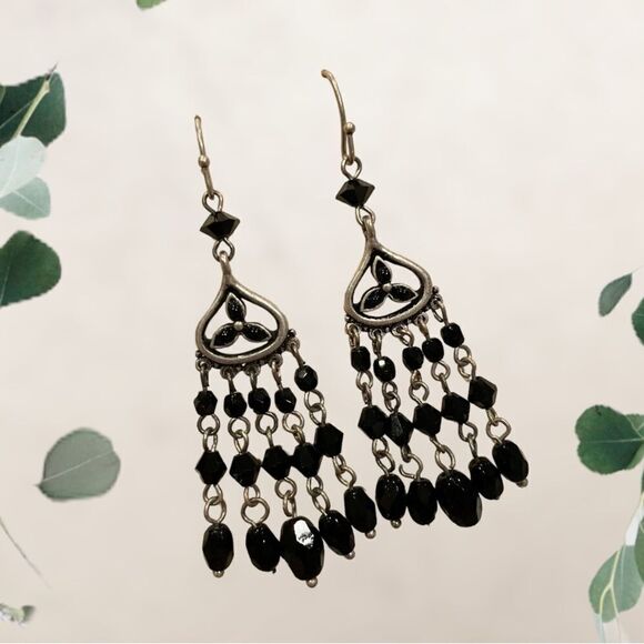 Black beaded‎ chandelier drop dangling hook earrings unbranded boho vibe - Picture 1 of 5